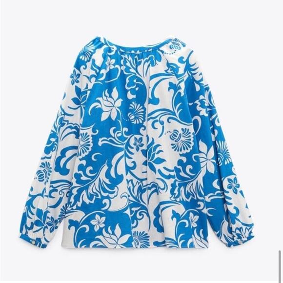 Zara Blue and White PRINTED LINEN BLEND SHIRT - Picture 9 of 9
